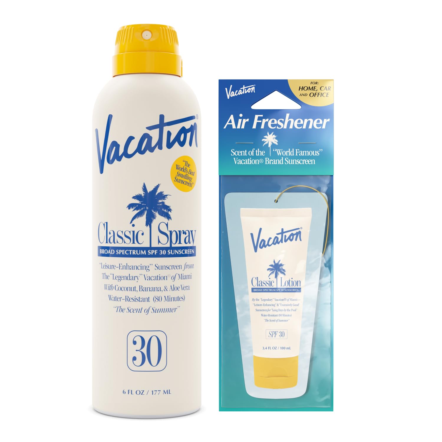 Classic Sunscreen Spray SPF 30 Air Freshener Bundle for Vacation
| Water-Resistant Vacation Sunscreen Spray SPF 30 & Ai