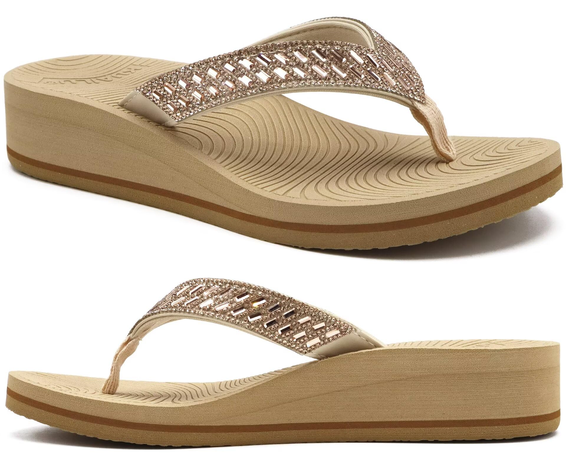 KuaiLu Women's Trendy Rhinestone Platform Flip Flops Summer Pool Beach Arch Support Comfortable Walking Slippers